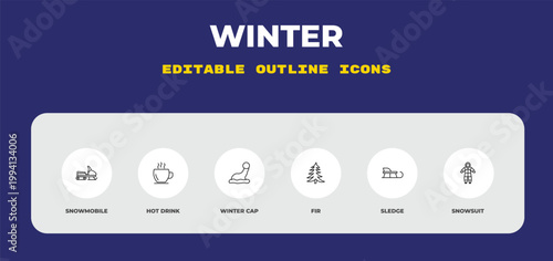 outline winter icons set - snowmobile, hot drink, winter cap. editable vector for web and mobile ui