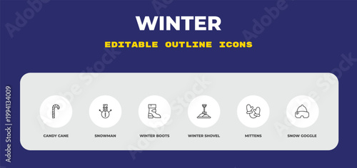 outline winter icons set - candy cane, snowman, winter boots. editable vector for web and mobile ui