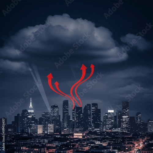 A nocturnal urban skyline featuring illuminated skyscrapers under a heavy dark cloud cover with bright red curved arrows pointing upwards from the city center buildings.