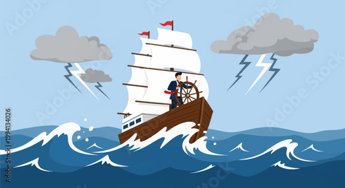 Conceptual vector illustration of a businessman steering a large wooden sailing ship through a turbulent ocean storm with crashing waves, dark clouds, and bright lightning strikes.
