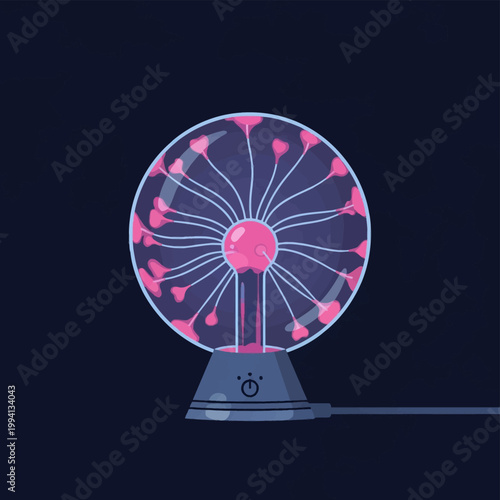 Flat vector illustration of a plasma ball globe with pink electrical discharge filaments ending in small heart shapes, sitting on a dark base against a navy blue background.