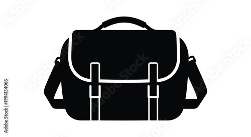 A black messenger bag is displayed as a striking graphic silhouette