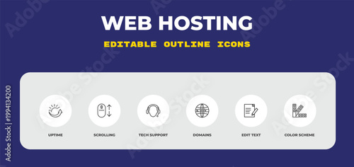 outline web hosting icons set - uptime, scrolling, tech support. editable vector for web and mobile ui