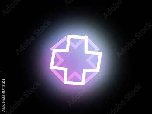 A glowing neon sign against a dark background features a white cross shape centered within a pink hexagon. The cross is outlined in bright white light, creating a luminous effect that radiates a soft 