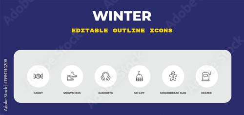 outline winter icons set - candy, snowshoes, earmuffs. editable vector for web and mobile ui