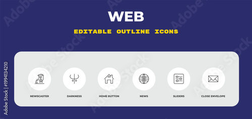 outline web icons set - newscaster, darkness, home button. editable vector for web and mobile ui