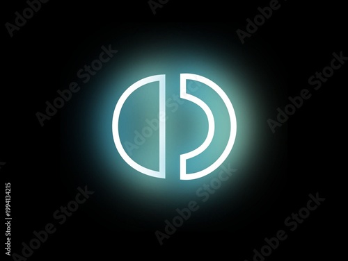 A glowing abstract symbol features a stylized design resembling a split circle with a vertical line dividing it. The design includes two mirrored, semi-circular shapes on either side, emitting a soft 