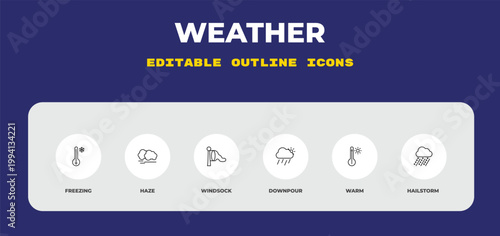 outline weather icons set - freezing, haze, windsock. editable vector for web and mobile ui