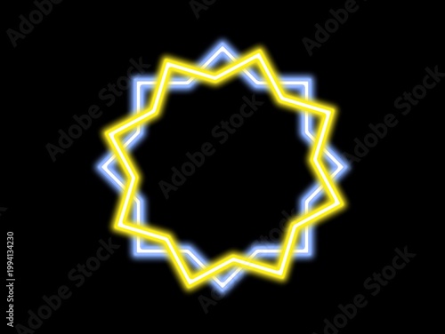 Neon art featuring two overlapping nine-pointed stars. A bright yellow star is superimposed over a slightly larger blue star, creating a striking contrast against the black background. The geometric s