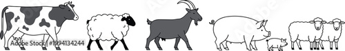 Farm animal illustration featuring cow sheep goat pig and lamb in simple line art style with rural livestock collection