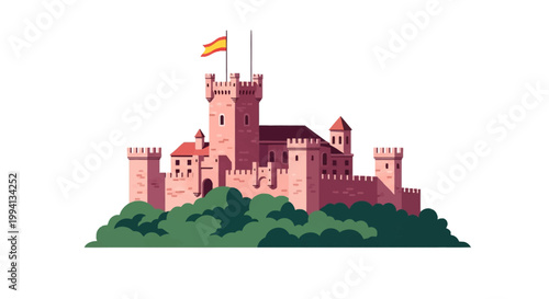 Flat vector illustration of a medieval Spanish castle fortress with battlements, turrets, and a central tower flying the Spanish flag, situated on green shrubs over a plain white background.