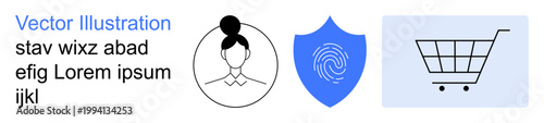 Digital identity, cybersecurity, e-commerce, privacy protection, online authentication, secure transactions. Person avatar, fingerprint shield and shopping cart. Digital identity and cybersecurity