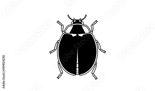 A minimalist black and white illustration of a beetle from above