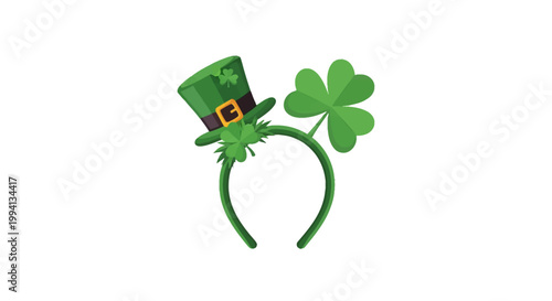 St. Patrick's Day green festive headband accessory featuring a miniature green leprechaun top hat with a black band and gold buckle alongside a large three-leaf clover shamrock.
