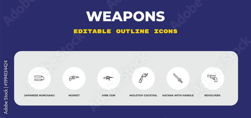 outline weapons icons set - japanese nunchaku, musket, hine gun. editable vector for web and mobile ui