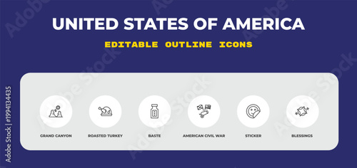 outline united states of america icons set - grand canyon, roasted turkey, baste. editable vector for web and mobile ui
