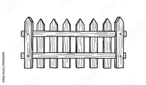A simple black and white illustration of a wooden picket fence