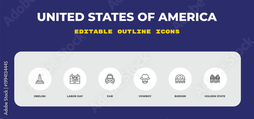outline united states of america icons set - obelisk, labor day, cab. editable vector for web and mobile ui