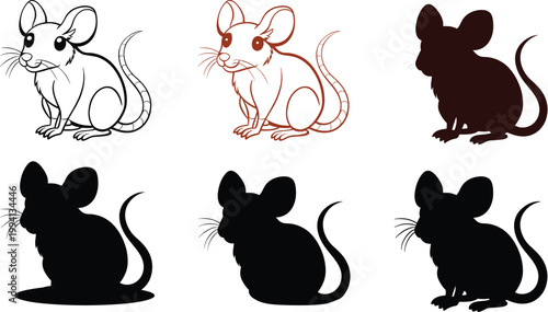 Mouse Silhouette and Line Art Set, Cute Rodent Outline and Shadow Vector Illustration