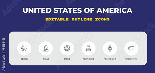 outline united states of america icons set - donkey, indian, casino. editable vector for web and mobile ui