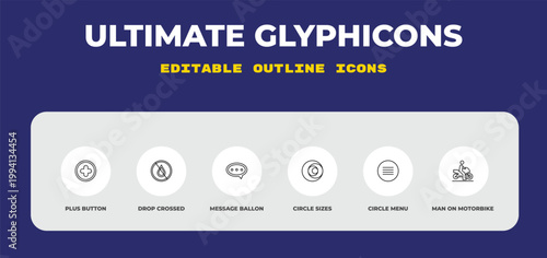outline ultimate glyphicons icons set - plus button, drop crossed, message ballon. editable vector for web and mobile ui