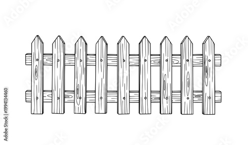 A simple black and white illustration of a wooden picket fence