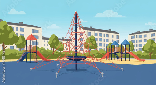 Vector illustration of a children's playground with a large red rope climbing pyramid, blue and red slides, and urban apartment buildings in the background under a blue sky.
