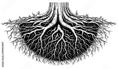 A detailed illustration of tree roots growing underground in black and white