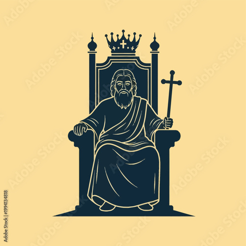Dark blue silhouette icon of a bearded male deity sitting on a high-backed throne wearing a crown with a cross and holding a scepter, set against a plain light beige background.