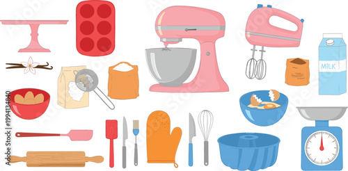 Baking Tools and Kitchen Equipment Set with Mixer, Oven Mitt, Rolling Pin, Ingredients, and Utensils Illustration for Cooking Design, Bakery Graphics, and Culinary Projects