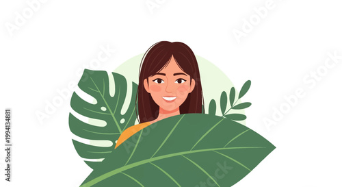 Vector illustration of a smiling woman with brown hair looking forward from behind large green tropical monstera leaves, isolated on white background with a light green circular motif.
