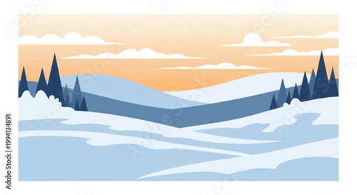 Flat vector illustration of a winter landscape featuring snow covered rolling hills and dark blue pine trees under a peach sunset sky with stylized white clouds and snowy ground.