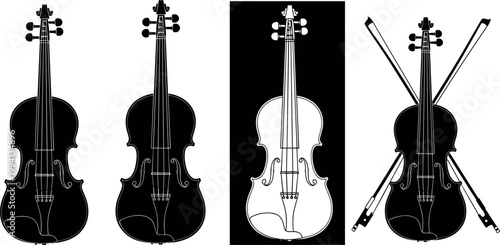 Violin silhouette and outline vector set with bow classical string musical instrument icons isolated for orchestra music design