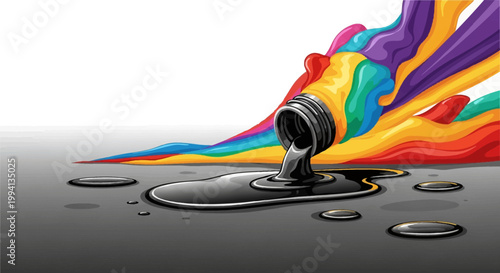 Vector illustration of a tipped metal barrel spilling black oil onto a surface, with a vibrant multicolored rainbow paint splash erupting from the container opening against white.