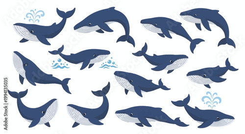 A collection of stylized blue whale vector illustrations in various poses including swimming, jumping, and spouting water, isolated on a white background for marine life designs.