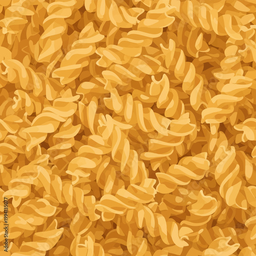 Vector illustration of a pile of dry uncooked fusilli pasta spirals showing the twisted corkscrew shape and golden yellow color in a seamless repeating pattern texture background.