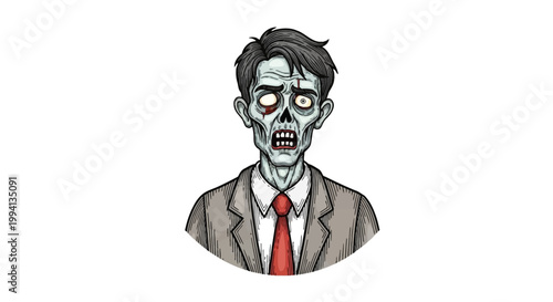 Hand-drawn vector illustration of a zombie businessman wearing a formal suit, white shirt, and red necktie, featuring pale decaying skin and sunken eyes on a white background