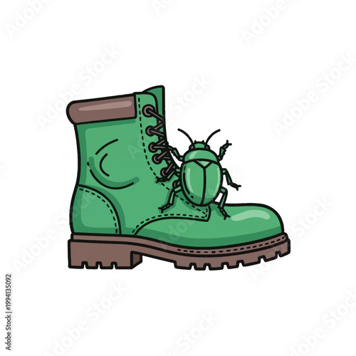 Cartoon illustration of a large green beetle crawling on a green leather work boot or hiking shoe. The boot features brown soles and laces. Isolated on white background.