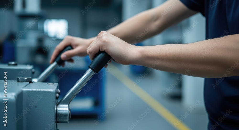Fototapeta premium Close-up of a person's hands operating machinery levers in a factory setting, emphasizing industrial work and precision.