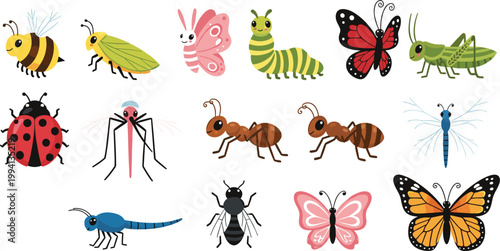 Obraz na płótnie Colorful insect illustration set featuring butterflies bees ants ladybugs dragon