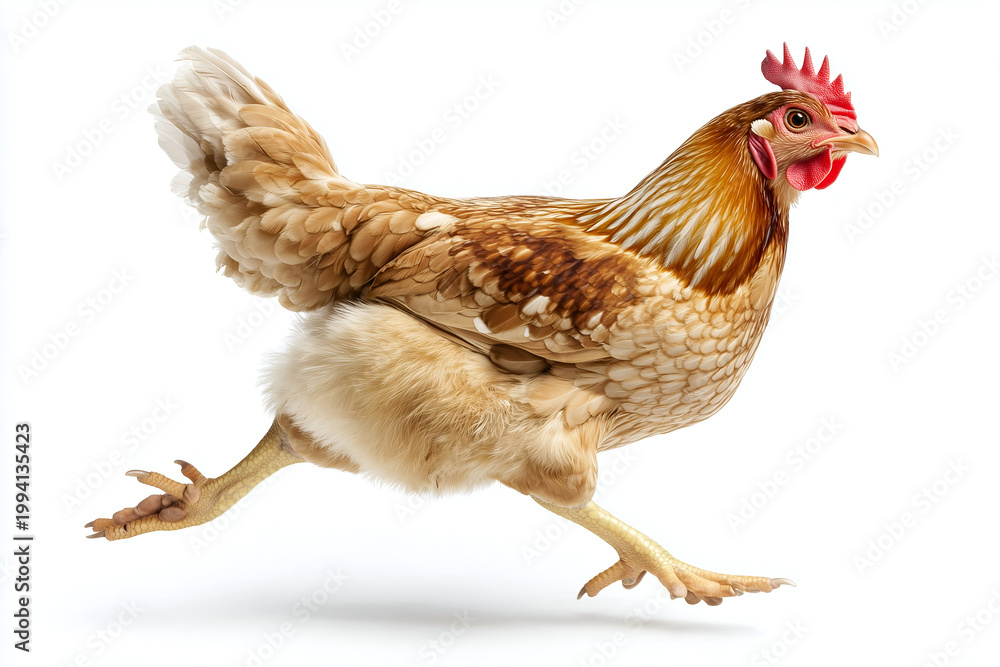 Fototapeta premium Brown hen walking fast in profile isolated on a white background