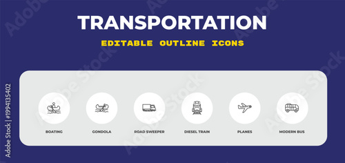 outline transportation icons set - boating, gondola, road sweeper. editable vector for web and mobile ui