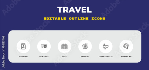 outline travel icons set - map book, train ticket, date. editable vector for web and mobile ui