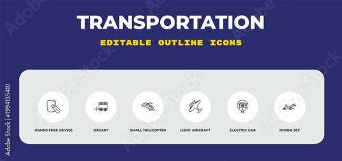 outline transportation icons set - hands free device, oxcart, small helicopter. editable vector for web and mobile ui