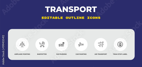 outline transport icons set - airplane pointing up, babysitter, car parking. editable vector for web and mobile ui