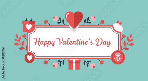 Horizontal Happy Valentine's Day banner featuring a central white text box framed by red hearts, pink floral elements, a gift box icon, and cursive script on a teal background.
