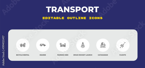 outline transport icons set - bicycle rental, hearse, parking men. editable vector for web and mobile ui