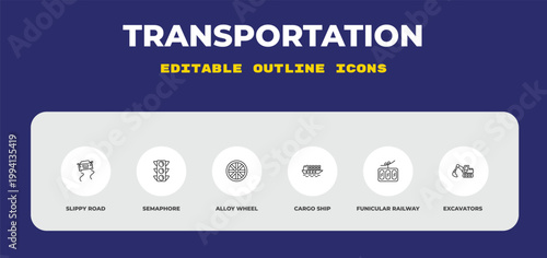 outline transportation icons set - slippy road, semaphore, alloy wheel. editable vector for web and mobile ui
