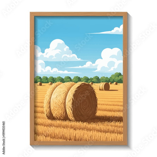 Vector illustration of a harvested agricultural field with golden round hay bales under a blue sky with white clouds, presented within a simple wooden picture frame.