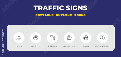 outline traffic signs icons set - pothole, no fast food, gas station. editable vector for web and mobile ui